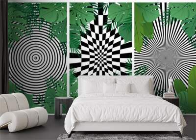 abstract hypnotic background of optical illusion with exotic tropical leaves, vector illustration Wall mural