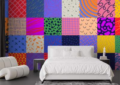 Big Set of various abstract square covers, hand drawn colorful doodle shapes with textures, geometric mosaic with bizarre color motley pattern in patchwork style, spotted and lines, splashes, dots Wall mural