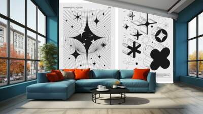 Brutalist style vector minimalistic Posters with silhouette basic figures, Retro futuristic graphic elements of geometrical shapes rave composition, Modern monochrome print artwork, set 61 Wall mural