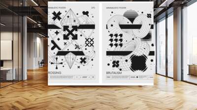 Brutalist style vector minimalistic Posters with silhouette basic figures, Retro futuristic graphic elements of geometrical shapes rave composition, Modern monochrome print artwork, set 68 Wall mural