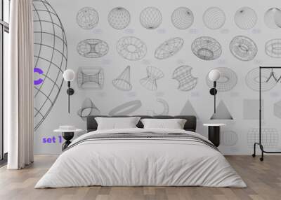 Collection of strange wireframes vector 3d geometric shapes, distortion and transformation of figure, set of different linear form inspired by brutalism, graphic design elements, set 1 Wall mural