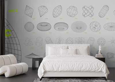 Collection of strange wireframes vector 3d geometric shapes, distortion and transformation of figure, set of different linear form inspired by brutalism, graphic design elements, set 2 Wall mural