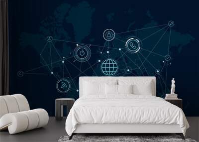 Communications network map of the world, data process activity, wireless technologies Wall mural