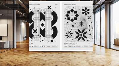 Futuristic retro vector minimalistic Posters with strange wireframes graphic assets of geometrical shapes modern design inspired by brutalism and silhouette basic figures, set 13 Wall mural