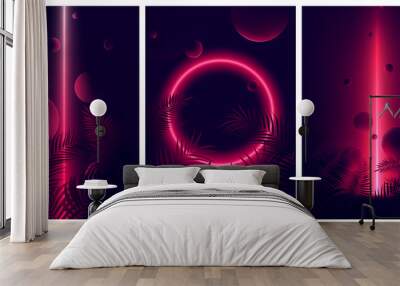 Glowing line red neon reflex on tropical leaves and spheres, Futuristic gradient glow on dark background, Vector retro poster Wall mural