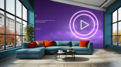 Glowing play button sign, start video mark in circle, live streaming media, futuristic technology with violet neon glow in the smoke, vector business background Wall mural