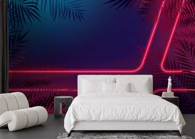 Neon laser rays among tropical leaves, futuristic cyberpunk background, modern lighting technology, vector illustration Wall mural