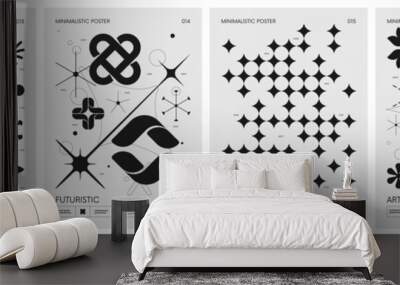 Retro futuristic vector minimalistic Posters with silhouette basic figures, extraordinary graphic elements of geometrical shapes composition, Modern monochrome print brutalism, set 4 Wall mural