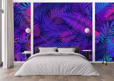 Set of seamless patterns with tropical exotic leaves and plants, vector set in ultraviolet shades, with neon reflections of pink and blue colors Wall mural