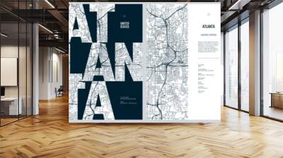 Set of travel posters with Atlanta, detailed urban street plan city map, Silhouette city skyline places of interest, vector artwork Wall mural