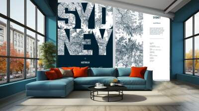 Set of travel posters with Sydney, detailed urban street plan city map, Silhouette city skyline, vector artwork Wall mural