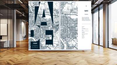 Set of travel posters with Taipei, detailed urban street plan city map, Silhouette city skyline, vector artwork Wall mural