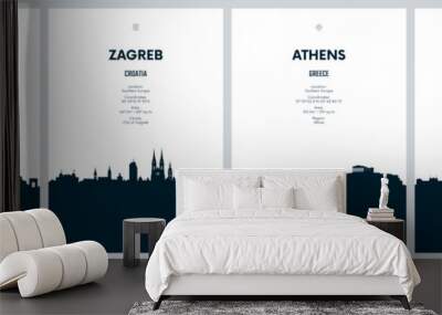 Travel vector set with city skylines Bucharest, Zagreb, Athens, Sofia detailed city skylines minimalistic graphic artwork Wall mural