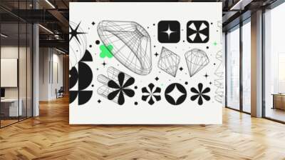 Vector graphic assets set in acid style, retro futuristic background with wireframe elements of different forms, bold modern shapes for design template, poster, stickers, banner in Y2k style set 3 Wall mural