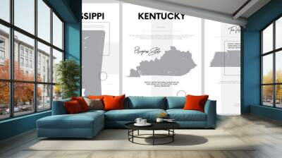 Vector posters with highly detailed silhouettes of maps of the states of America, Division East South Central - Mississippi, Kentucky, Tennessee - set 11 of 17 Wall mural