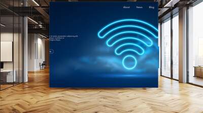 Wi Fi symbol, wireless networking digital hi tech innovation concept, free internet zone and hotspot, futuristic technology with blue neon glow in the smoke, vector business background Wall mural