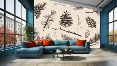 Hand drawn set of pine, spruce, fir tree needles, branches and cones. Vector Illustrations. Wall mural