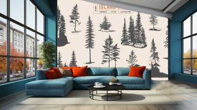 Pine tree silhouette vector hand drawn illustrations. Coniferous trees on the rocks, isolated on white background.  Wall mural