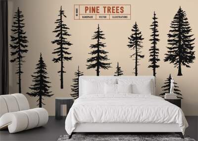 Pine tree silhouette vector illustration hand drawn Wall mural