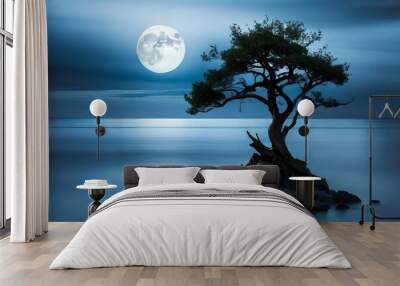 Beneath the moon's glow, a haunting tree stands on a rock amidst the boundless sea - AI Generative Wall mural