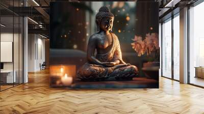 Buddha Figurine, Candles and Flowers on a Table. Buddha Purnima, Vesak day background Wall mural