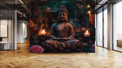 Buddha Statue, Burning Candles and Pink Flowers. Buddha Purnima, Vesak day background	 Wall mural