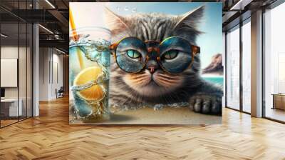 Cat in sunglasses with cocktail drink in sea beach. Funny kitten in summer vacation. Generative ai illustration Wall mural