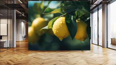 Fresh ripe lemons hanging on a lemon tree branch in sunny garden. Generative ai background, copy space Wall mural