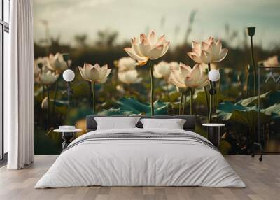 Lotus flowers blooming in the pond. Lotus flower background Wall mural