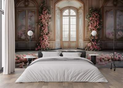 Luxury Palace Interior decorated with pink roses flowers. Palace Interior background Wall mural