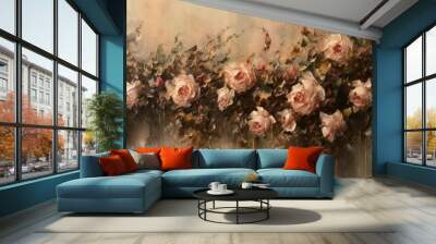 Pink rose flowers on a old wall, painting. Abstract floral background in vintage style. Beautiful Floral background for Birthday, Women's day, Wedding,  Mother's day. Photo studio backdrop Wall mural