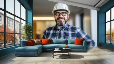 Portrait of a Smiling Male Engineer in a white helmet in Office or Construction Site, Factory. Happy Man Builder, Architect, Manager in a hardhat. Men at work Wall mural