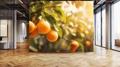 Ripe oranges hanging on a orange tree in orange garden. Fresh juicy oranges on a oranges tree branches, blurred background, copy space. Generative ai illustration Wall mural