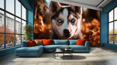 Siberian Husky Dog. Portrait of a cute Puppy Siberian Husky in the autumn forest in fallen leaves Wall mural