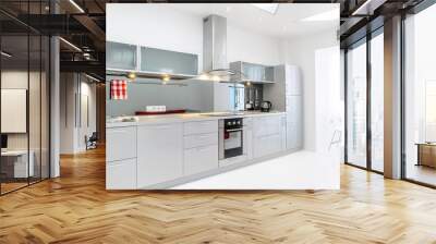 a modern light gray kitchen in white room and a big window with a lot of light entering Wall mural