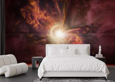 Fantasy composition of a moonrise over the planet Earth. The V1331Cyg star shines over the Butterfly Nebula. Elements of this image furnished by NASA. Wall mural