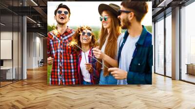 Group of friends having fun with sparklers sitting on grass in summer park. Teenagers having fun together. Group of young people enjoying party. Rest, fun,  summer, holidays concept. Wall mural