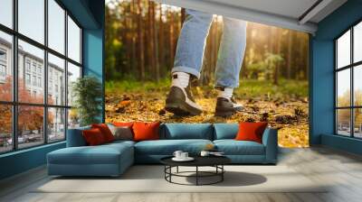 Hiker's boots stepping on a blanket of fallen autumnal orange leaves in the forest. Travel, Hikking. Wall mural