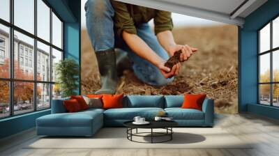 Soil in hands for check the quality of the soil for control soil quality before seed plant.  Gardening and agriculture concept. Wall mural