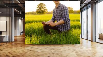 Young farmer with a modern tablet on a green wheat field. An experienced agronomist with a tablet checks the quality of green sprouts. Agriculture concept. Wall mural