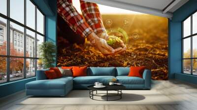 Young plant in hands with soil with graphic concepts. Monitoring the growth of sprougt plants. Modern Agricultural Information Technology Integrate concept. Wall mural