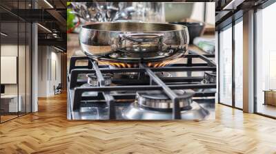 Silver pan on a modern silver gas stove in the kitchen close-up. Wall mural