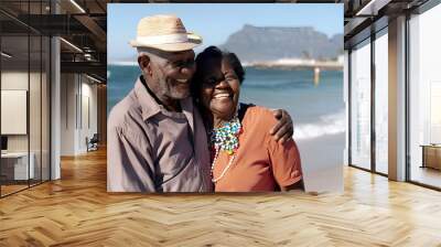 Happy retired African-Americans walking along the ocean coast Wall mural