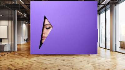 Face of young beautiful girl with a bright make-up looks through a hole in violet paper. Wall mural