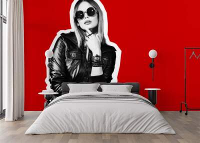 Fashion collage in magazine style of young hipster woman in sunglasses. Wall mural