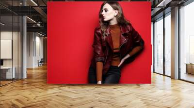 fashion model  beautiful young woman. leather jacket, studio shot Wall mural