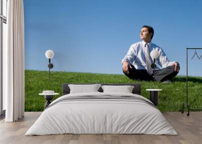 Businessman meditating on green grass Wall mural