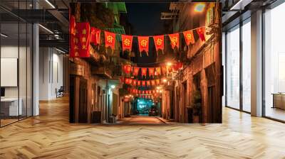 A festive celebration of Chinese culture: China flag on a lantern-lit street Wall mural