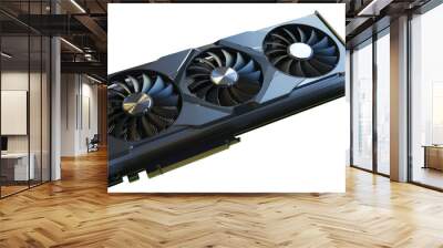 A graphics card with three cooling fans, black casing, and metallic accents. The GPU is shown in a high-resolution, detailed view. Wall mural