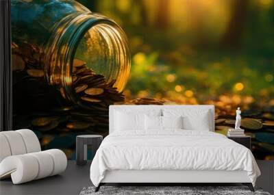 A jar spills coins onto a grassy surface. The scene captures the concept of savings and wealth in an outdoor setting. Wall mural